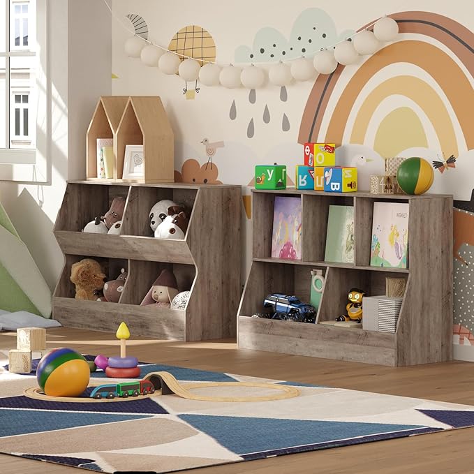 DINZI LVJ Kids Bookshelf, Toy Storage Organizer, Wooden Toy Storage Cabinet, 4 Cubby Children Bookcase, 43.3" L Toddler Book Shelf for Bedroom, Nursery, Hallway, School, Greige