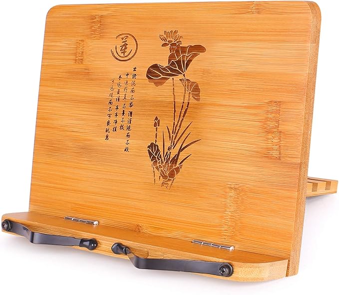 MEGREZ Bamboo Book Stand 11 x 8.0 inch, Foldable Cookbook Holder with 6 Adjustable Height, Reading Book Holder for Recipe, Music Book, Textbook, Tablet Stand, The Language of Lotus