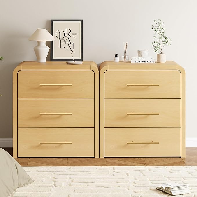 Curved 3-Drawer Nightstand Dresser, 23.6'' Wide Modern Wood Bedside Tables with Long Metal Handles, Large Storage End Tables for Bedroom, Office, Natural Oak