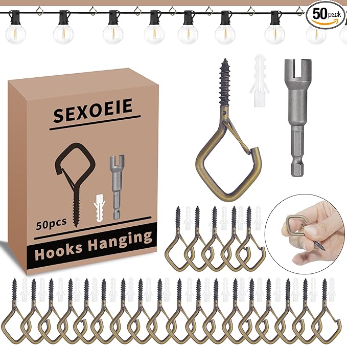 Sexoeie 50 PCS Bronze Eye Screw Hooks for Hanging Heavy Duty with Safety Buckle.Metal Ceiling Hooks for Hanging Plants Cup Wind Chime Bird Feeders Patio Lights at Indoor&Outdoor