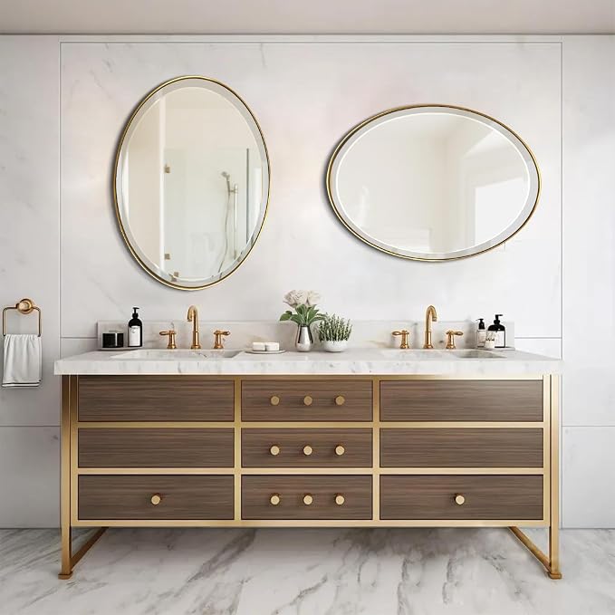 POZINO Oval Beveled Mirrors, 22"x30" Brush Gold Bathroom Vanity Mirror for Over Sink, Stainless Steel Frame Mirrors Modern Wall Mirror for Living Room Bedroom Entryway, Horizontal Or Vertical ﻿