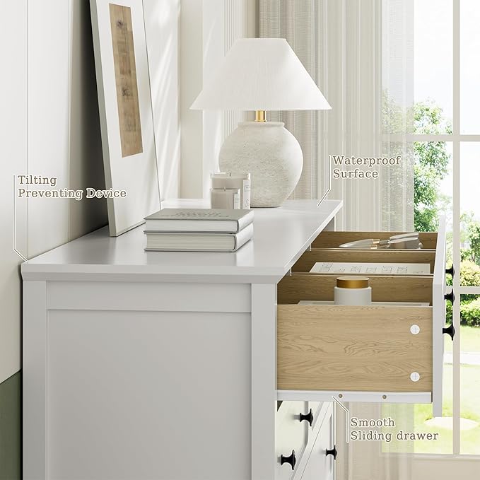 White Dresser for Bedoom, Modern Chest of Drawers, Wood 9 Drawer Dresser with Metal Handles, Modern Dressers & Chest of Drawers for Living Room, Hallway, Entryway