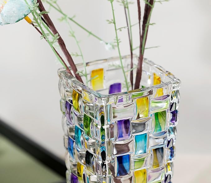 Magcolor Hand Painted Blue Woven Glass Vase -Crystal Flower Vase- 7.7 inch, Glass Plant Vase for Floral Arrangements, Centerpieces, Weddings, Housewarming, Centerpiece Home Deco.