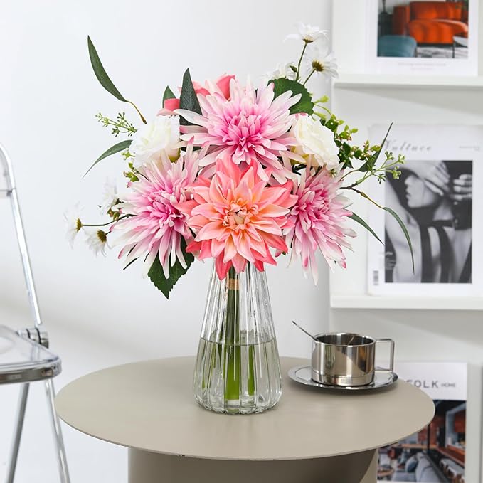 Artificial Flowers with Vase – Faux Silk Dahlia & White Roses Floral Arrangement, Elegant Fake Flower Bouquet for Wedding, Home Décor, Dining Table Centerpiece, Office, Farmhouse Decoration