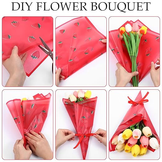 20 Sheets Flower Wrapping Paper, Matte Florist Strawberry Flower Bouquet Wrapping Paper With Ribbon, Red Floral Wrap Papers for Bouquets, Gift Wrap Papers Birthday Girl Wedding Christmas Gifts