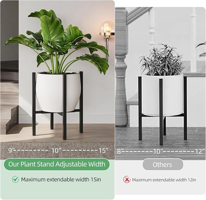 Adjustable Metal Plant Stand Indoor, Fits 9-15 Inch Pots, Mid Century Modern Planter Holder,2 Heights, Heavy Duty 160 lb, Indoor Outdoor Corner Floor Pot Stand, Black with Round Plate