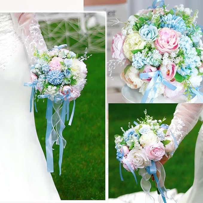 8.6in Wedding Bouquets for Bride Bridesmaid, Baby Blue Blush Pink Creamy White Bouquet with Crystal Pastel Flowers Artificial Fake Silk Roses for Wedding Rainbow Spring Beach Decoration Toss Bouquet