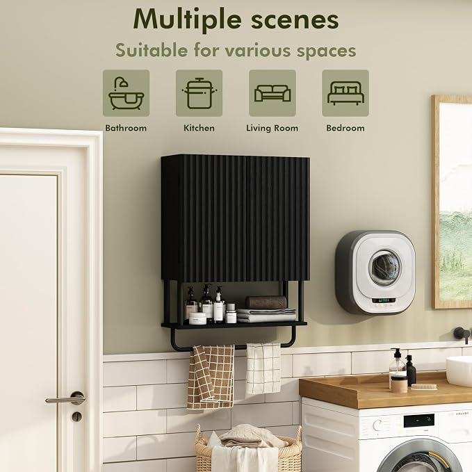 RUSTOWN Fluted Bathroom Wall Cabinet with 2 Doors, 3-Tier Modern Farmhouse Medicine Cabinet, Over The Toilet Storage Cabinet with Adjustable Shelf and Towel Bar (Black, Medium)