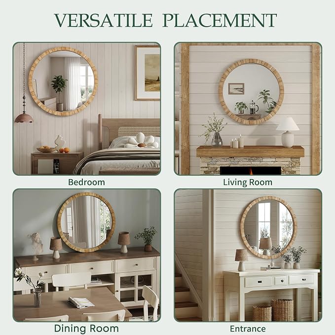 Wood Round Wall Mirror - 31.5" Farmhouse Rustic Wall Decorative Mirrors, Wooden Circle Boho Accent Mirror for Living Room, Bedroom, Bathroom, Hallway, Fireplace, (Natural)