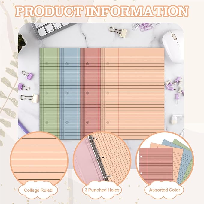 100 Sheets Half Letter Lined Paper 5.5 X 8.5 In Colored Notebook Paper College Ruled Loose Leaf Paper 3 Hole Punched Half Mini Binder Inserts Fit 3 Ring Binder for School Office