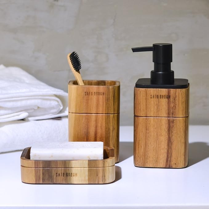 Bathroom Accessory Set Acacia Wood 3 Pieces Includes Bathroom Soap Dispenser, Bathroom Tumbler, Soap Dish Accessories for Bathroom Decor and House Warming Gift