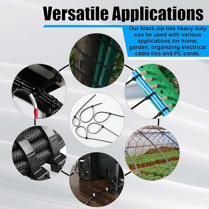 Reallnaive 500 Pcs 8 Inch Zip Ties Heavy Duty 120 Lbs Tensile Strength Black Nylon Wire Cable Ties Bulk for Indoor Outdoor