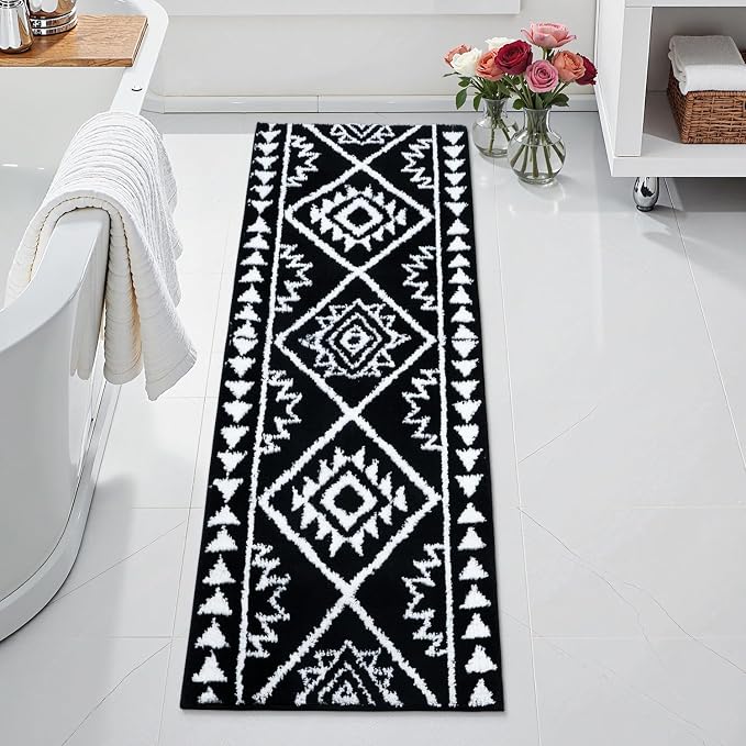 Uphome Black Long Bathroom Rug Boho Tribal Bathroom Runner Western Non-Slip Washable Bath Mat Fluffy Soft Absorbent Farmhouse Aztec Floor Carpet for Kitchen Hallway Bedroom, 20x60 inch