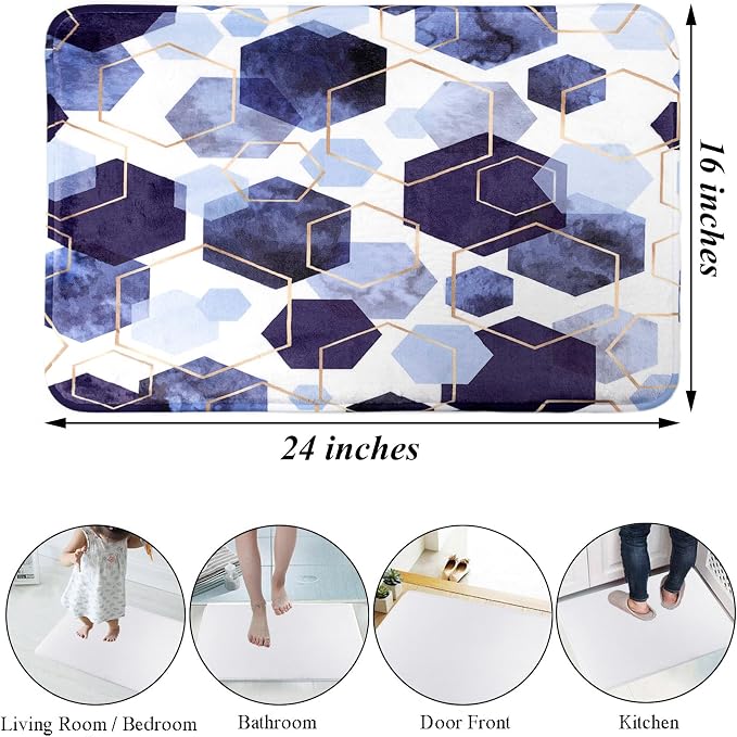 LB Navy Blue Marble Bath Mat Abstract Geometric Floor Rug for Bathroom Gold Honeycomb Hexagon Doormat Non Slip Memory Foam Absorbent Living Room Bedroom Door Front Area Rugs,24Wx16H inch