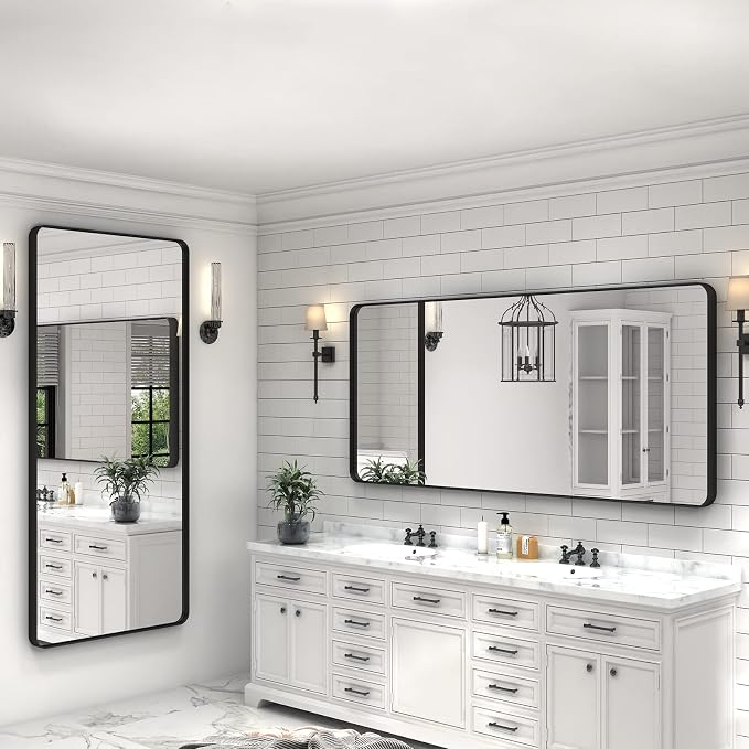 60x30 Black Framed Bathroom Mirror for Wall, Black Metal Bathroom Vanity Mirror, Modern Rectangle Mirror, Rounded Corner, Shatterproof, Anti-Rust (Horizontal/Vertical)