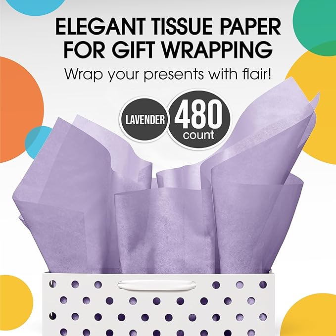 Party Solids Lavender Tissue Paper for Gift Bags - 15" X 20" Bulk Tissue Paper Lavender 480 Sheets - 10lb Newsprint for Packing, Birthday Gift Box Filler, Packing Supplies for Moving Supplies