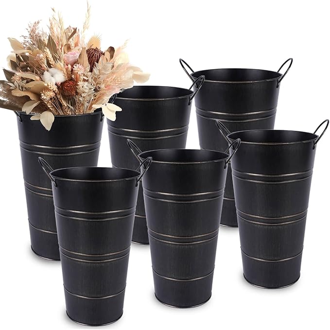 12 Inch Galvanized Metal Vases for Flowers - 6 Pcs Farmhouse Decorative Tall Flower Bucket with Handles, Rustic French Tin Planter Buckets for Wedding Decor (Black)