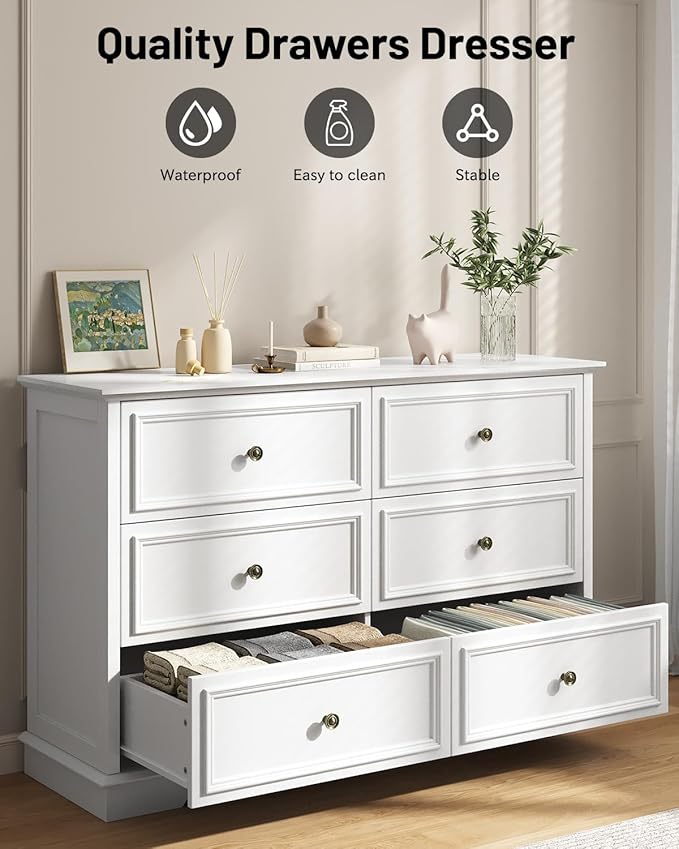 White Dresser, 6 Drawer Dressers for Bedroom, Wide Chest of Drawers with Deep Drawers, Closet Dressers with Metal Handle, Wood Dresser for Living Room, Hallway, Closet