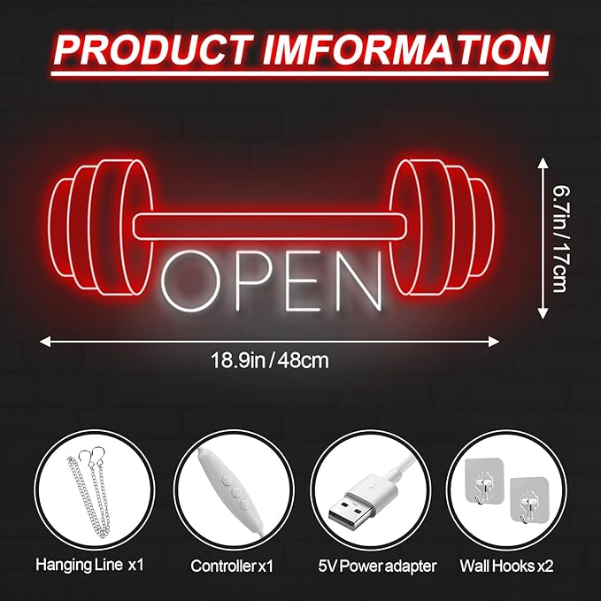 Red Gym Fitness Open Neon Sign, Gym open Led Sign, Weightlifting Led Light, Barbell Neon Light, gym Open Wall Art Decor, House Wall Signs Decor for Business Window Open Signs, Fitness Club Decor