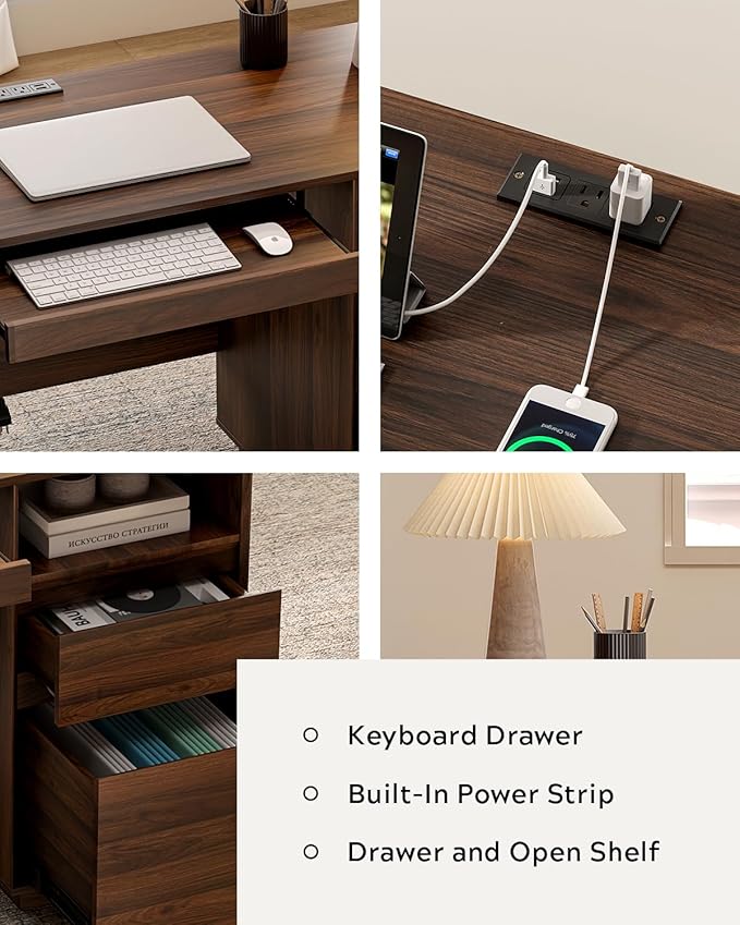 Farmhouse Executive Desk with File Drawer 59" Large Computer Desk Home Office Desk with Charging Station, Keyboard Tray, Storage Cabinet Modern Workspace for Study, Writing, Brown
