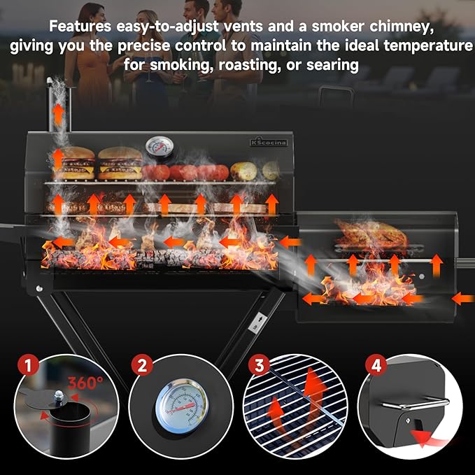 kscocinaBBQ Portable Charcoal Grill with Smoking Function, Foldable Suitcase Design with Wheels, Multi-Tier Storage Rack & Waterproof Cover for Outdoor BBQ Parties (Black)