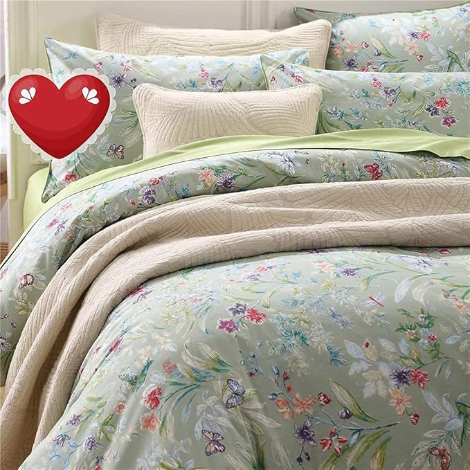 Brandream Floral Bedding Duvet Quilt Comforter Cover King Size Watercolor Butterfly Flower Farmhouse Country 100% Soft Egyptian Cotton 1 Duvet Cover and 2 Pillowcases Green Summer Bedding, 3 Pieces