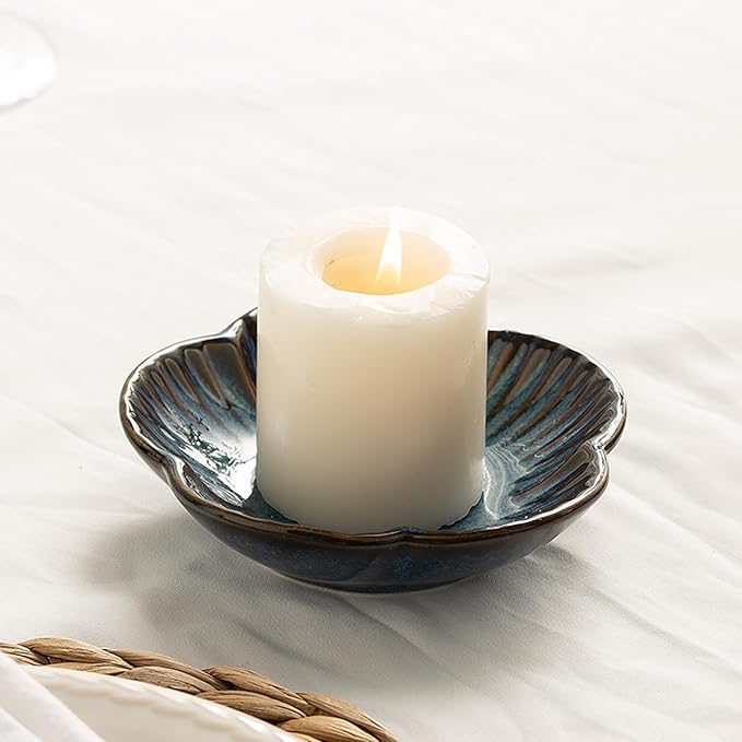BEUNAIZER Ceramic Pillar Candle Holder Plates, Decorative Candlestick Holder, Tea Light Incense Santo Palo Holders, for Dinning, Party, Wedding, Birthday, Anniversary, 1pack (Blue)
