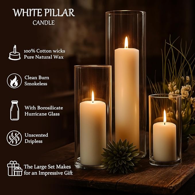 24 PCS White Pillar Candles (2''X3,4,6) and Glass Cylinder Vases(2.6''X5,6,8),Hurricane Candles,Perfectly Sized for use as a Centerpiece Candle Decoration on Wedding Tables!