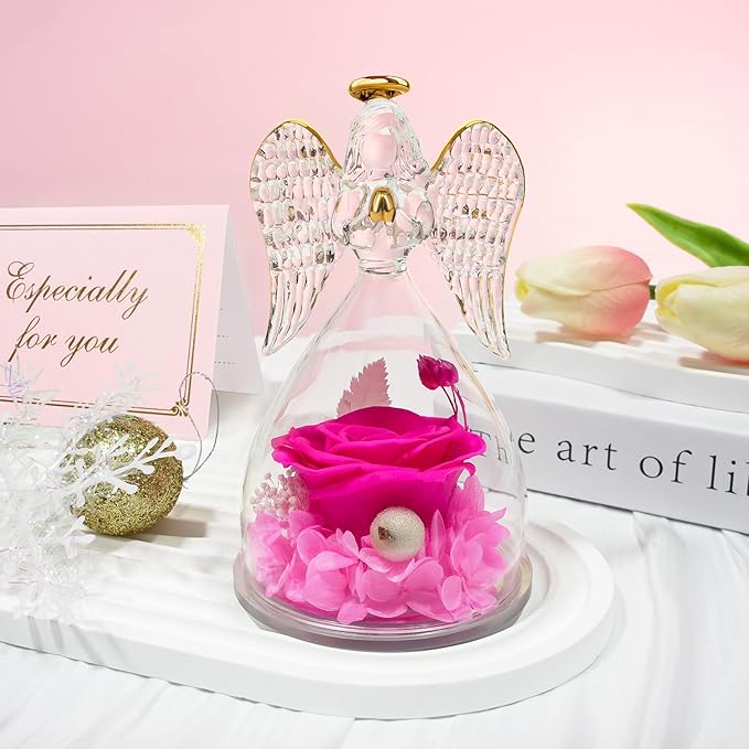 Sunia Preserved Flower Rose Gift for Women - Mother's Day Birthday Gifts for Mom Wife Grandma, Glass Angel Figurines Forever Real Roses Gifts for Her Valentine Day Thanksgiving﻿ (Rose red)