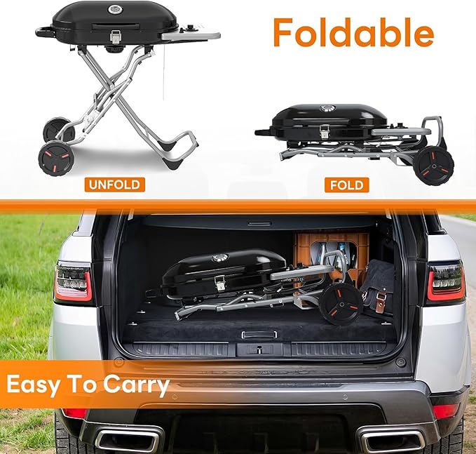 Electactic Propane Gas Grill, Portable BBQ Gas Grill with 348 Sq.In. Large Grilling Areas, 15000BTUs, Portable & Foldable BBQ Griddle for Outdoor Camping, Tailgating, Parties, Backyard, Black
