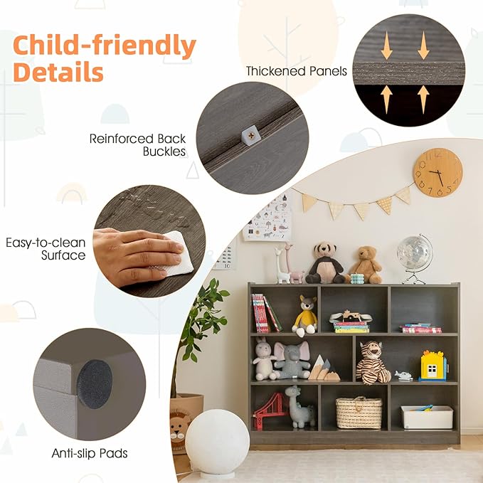 Costzon 3-Shelf Bookcase for Kids, Wooden Toy Storage Organizer for Books Toys, 8-Section Freestanding Classroom Daycare Montessori Bookshelf for Preschool, Home Playroom & Kindergarten (Grey)