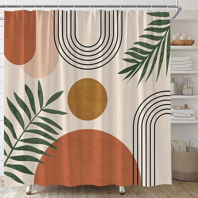 Mid Century Modern Shower Curtain Boho Beige Orange Abstract Retro Aesthetic Fabric for Bathroom Decor Bathtub with Hooks (70" WX84 H)
