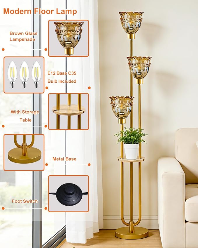Lightdot Glass Floor Lamp for Living Room Mid Century Modern Gold Floor Lamp with Amber Glass Shade 3000K Bulbs Included Tall Standing Lamp with 5Lbs Heavy Base for Bedroom/Sofa Beside/Corner Decor
