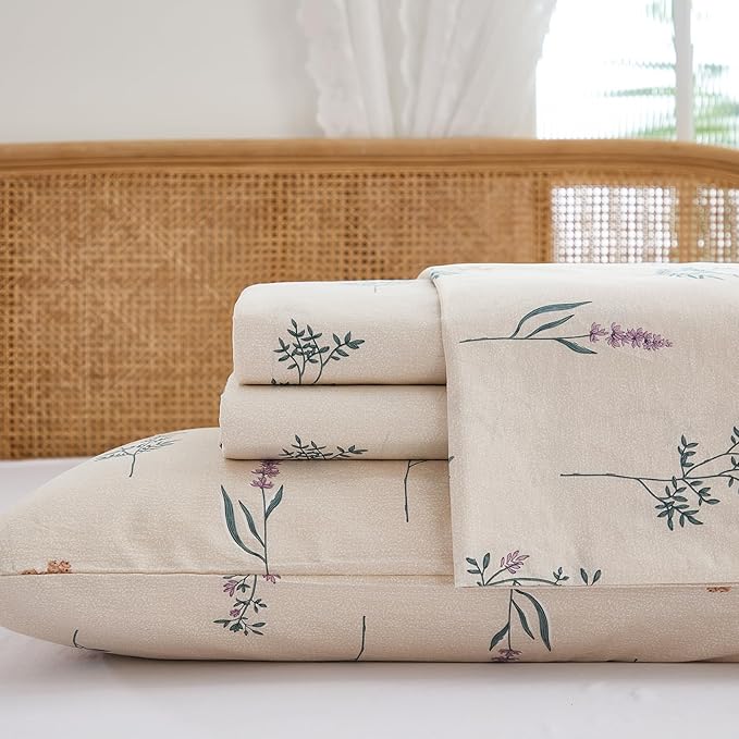 Cream Floral Sheets Set King Size 100% Cotton, 4 Pieces, Soft & Breathable Percale Weave Bedding, Deep Pocket 17.5", Crisp Cool Feeling, Durable, Perfect Cute Floral Bed Sheet