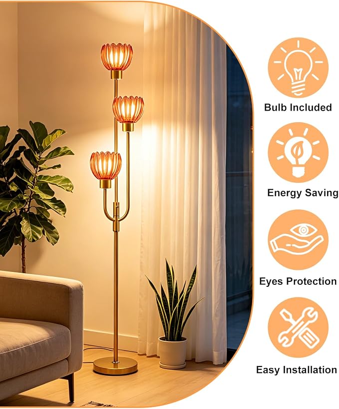 Lightdot 3-Lights Modern Glass Floor Lamp Gold Dimmable Floor Lamps with 3000K Warm White Bulbs for Wedding Party 66IN Tall Standing Lamp with Deep Red Glass Shade for Living Room/Bedroom/Home Decor