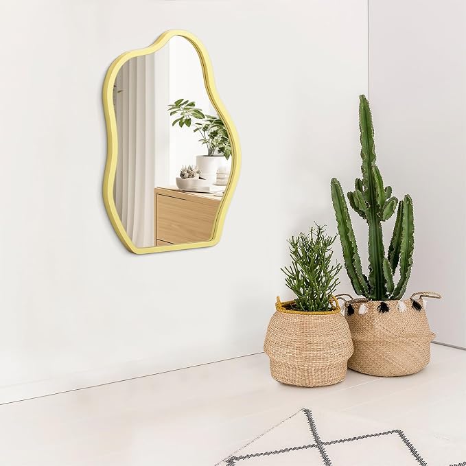 Yellow Irregular Wooden Framed Mirror Hanging Asymmetrical Mirror for Wall Modern Wall Mirror Unique Shape Decorative Vanity Bathroom Living Room Bedroom Entryway Hallway Artistic Large Mirrors