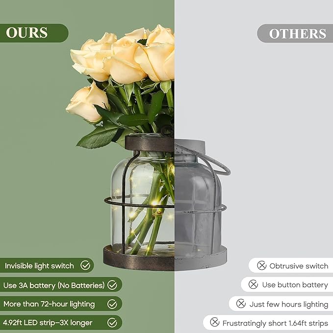 Vintage Farmhouse Lantern Decor with Hidden Switch Lid, LED Lighted Rustic Glass Vase for Floral Arrangements, Table Centerpiece Vintage Farmhouse Flower Vase-Metal Cage