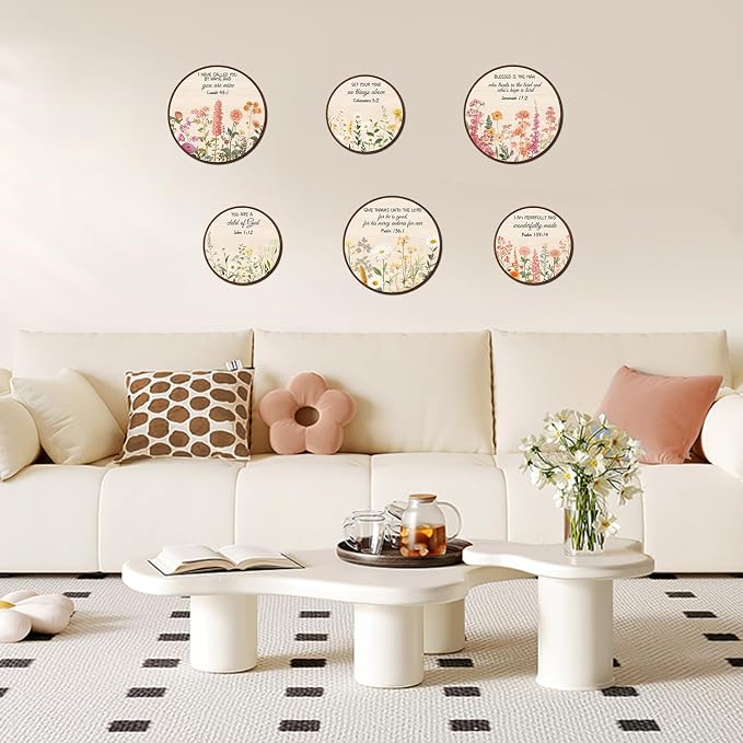 TOARTi 6pcs Christian Floral Round Wall Art Set(9.9”x3/7.9”x3),Vintage Wildflower Bible Verse Hanging Sign Flowers Wooden Wall Art Scripture Botanical Religious Wall Decor for Church Living Room