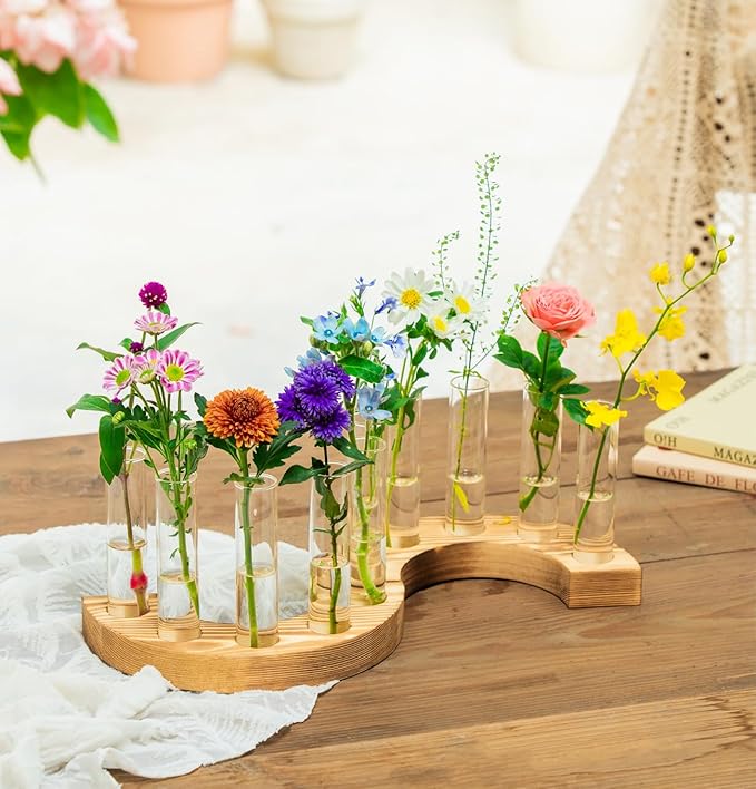 Melphoe Glass Bud Vases Small Flower Vase for Centerpieces Wedding Table Decorations, Home Decor, Propagation Station Plant Terrarium with Wooden Stand, Unique Plant Lover Gifts for Women (Brown)
