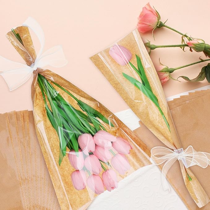 GALPADA Kraft Paper Floral Bag Floral Wrapping Paper Ribbons Sturdy Bouquet Wrapping Bags for Easy Flower Packaging