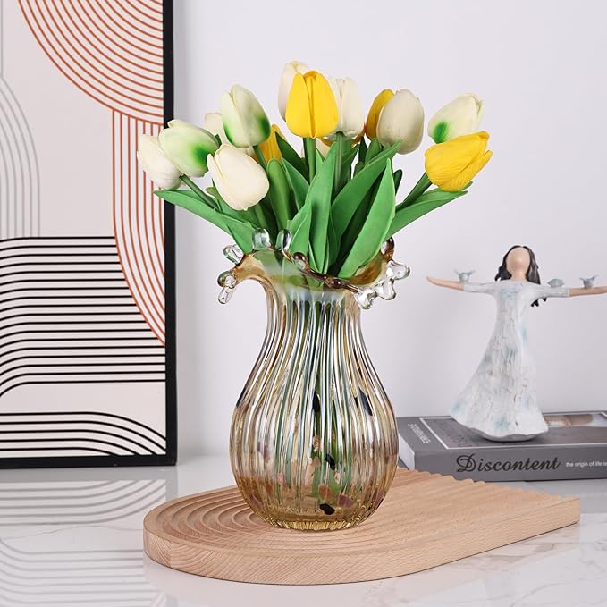 DOVDOV Hand Blown Amber Glass Art Deco Vase, Unique Wide Mouth Table Centerpiece, Perfect for Home Decor, Wedding, Engagement, or Housewarming