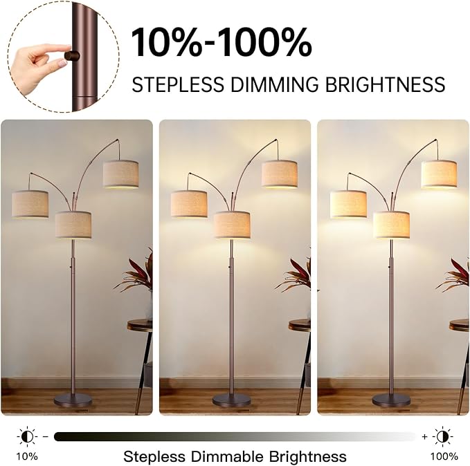 Dimmable Floor Lamp, 3 Lights Brown Arc Floor Lamp, Modern Tall Standing Tree Lamp with Beige Linen Shades & Heavy Base, 3000LM LED Bulbs, Bright Lighting for Living Room, Bedroom, Office & Reading