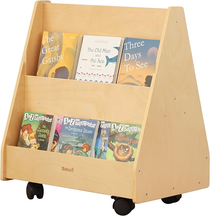 Double-Sided Kids Bookshelf, Premium Book Shelf for Kids Rooms, Toddler Book Rack Organizer with Wheels, Wooden Montessori Bookshelf & Book Storage Display for Classroom, Preschool, Nursery