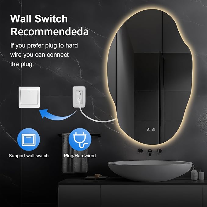 Asymmetrical LED Bathroom Mirror with Lights,Irregular Led Bathroom Vanity Mirror for Wall with Backlit, Anti Fog, 3 Colors and Dimmable Light,[Horizontal/Vertical] 48" H x 30" W