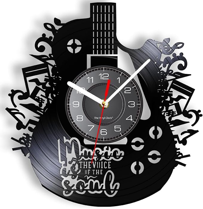 12 Inches Guitar Unique Music Vinyl Record Wall Clock Battery Operated Silent Quartz Non-Ticking, Rock n Roll Hanging Wall Clock Watch Music Gift for Rock Band Singer Idol Man Cave Bedroom