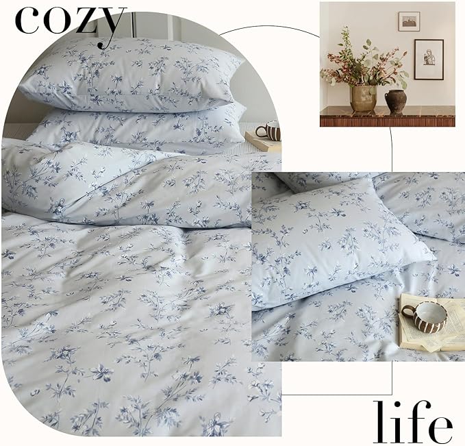 HighBuy Boho Style Comforter Set Full Size Blue Floral Print Bedding Comforters Bohemian Bedding Sets 3 Piece for All Season Comfy Soft Full Bed Comforter with 2 Pillowcases