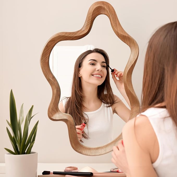 Irregular Wall Mirror,24"x 36"Asymmetrical Mirror Wood,Wooden Framed Wall Mirror,Modern Large Vanity Bathroom Mirror,Walnut Wavy Mirror for Entryway,Bedroom,Living Room,Washroom