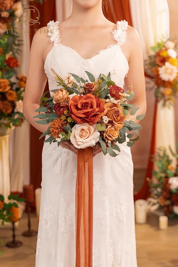 TINGE TIME Wedding Bouquets for Bride, 9 Inch Handcrafted Silk Bridal Flowers Bouquets for Fall Wedding Ceremony, Gift for Bridesmaid, Bouquet for Party Church Decoration (Brunt Orange)