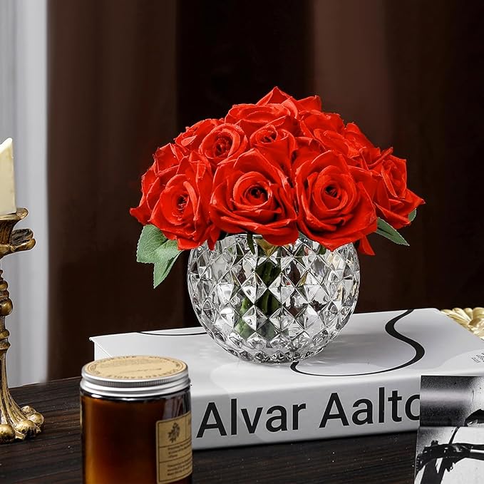 18PCS Artificial Red Rose Fake Flowers in Vase, Fake Rose with Vase for Dining Table, Bedroom, Wedding Decor (Red)