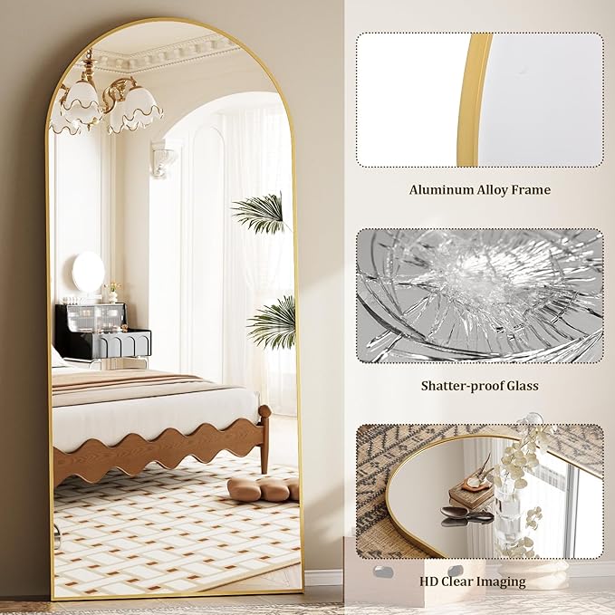 Dewfig Arched Full Length Mirror, 81"x41" Large Floor Mirror with Stand, Oversized Full Body Mirrors for Leaning or Hanging, Wall Mounted Mirrors for Bedroom, Living Room,Dressing Room, Gold